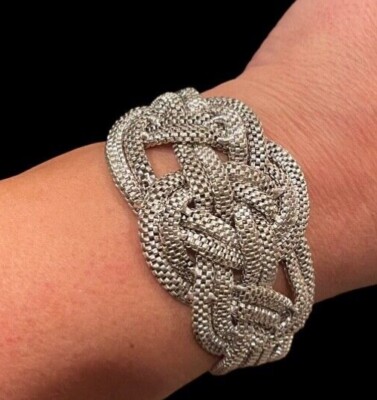 Carrick Bend Wide Woven Mesh Braided Rope Nautical Knot Silver Tone Bracelet