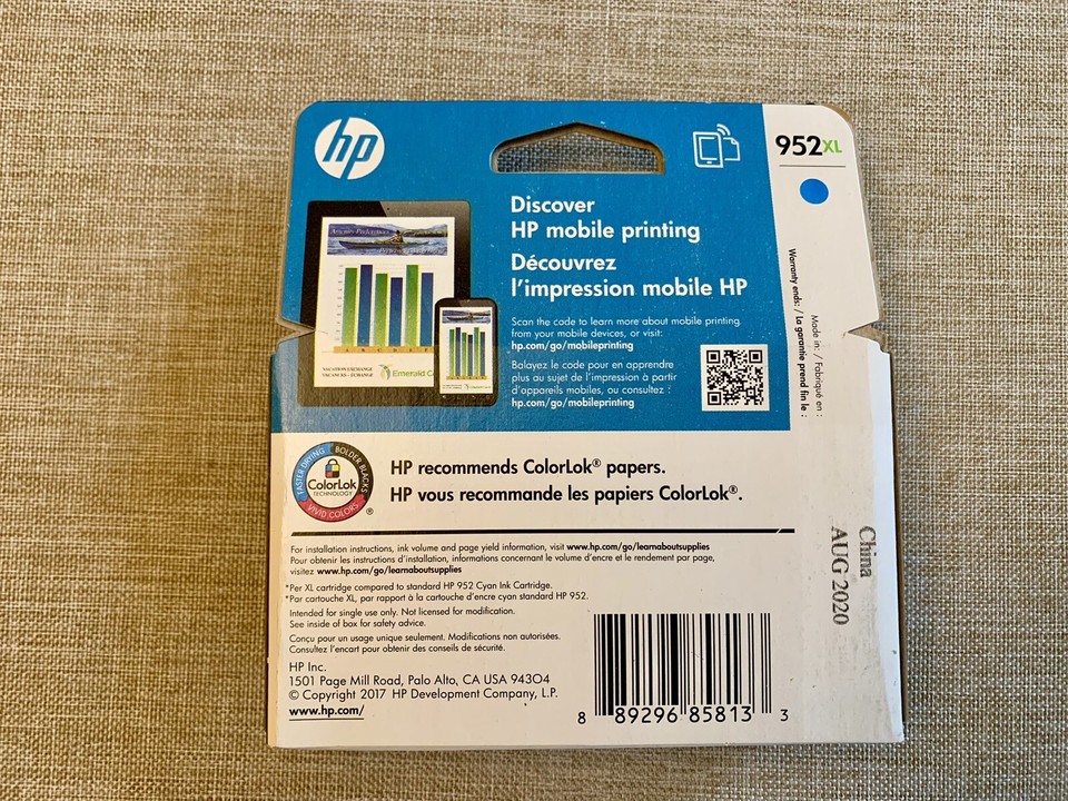 HP 952XL High Yield Inkjet Ink Cartridge Cyan Expiration (Aug 2020