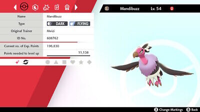 Legitimate 5 Max IV Shiny Mandibuzz Pokemon Sword & Shield