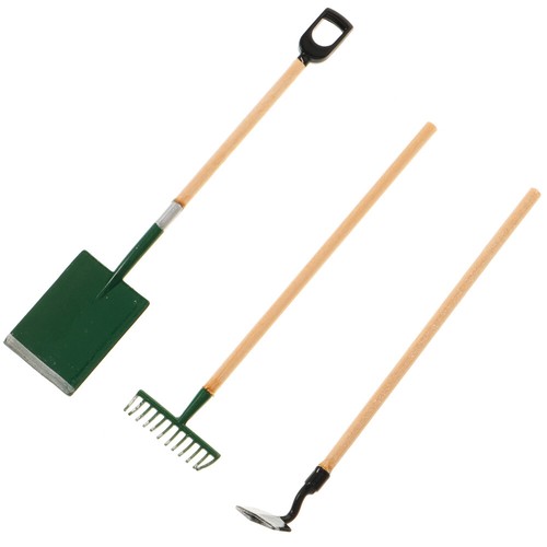 3 Pcs Mini Garden Tools Dollhouse Accessories Tiny Model Toy Hoe and Rake