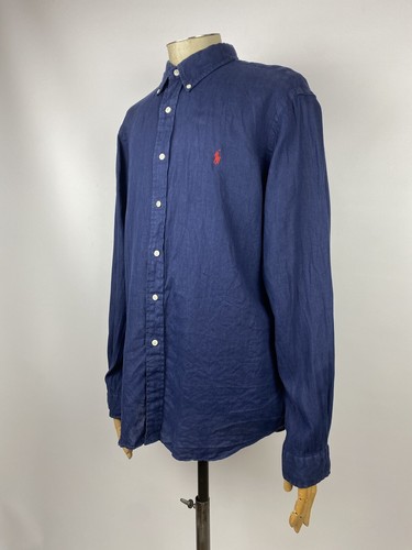 Camisa Polo Ralph Lauren Lino Azul Abotonada Manga Larga Oldmoney Para Hombre Talla XL - Imagen 3 de 11
