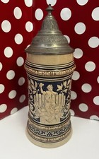 Vintage German Beer Stein Pewter Lid Man Boy Bowling Pins Ball 1/2 L Blue 9 1/2”