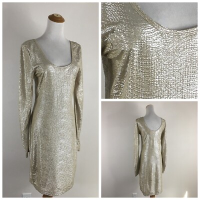 BCBGENERATION Womens sz Small/Medium Gold Textured Scoop Neck Long Sleeve Dress