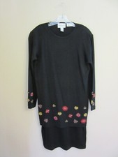 Karin Stevens Black Floral Embroidered Knit Long Sleeve Dress Sz M