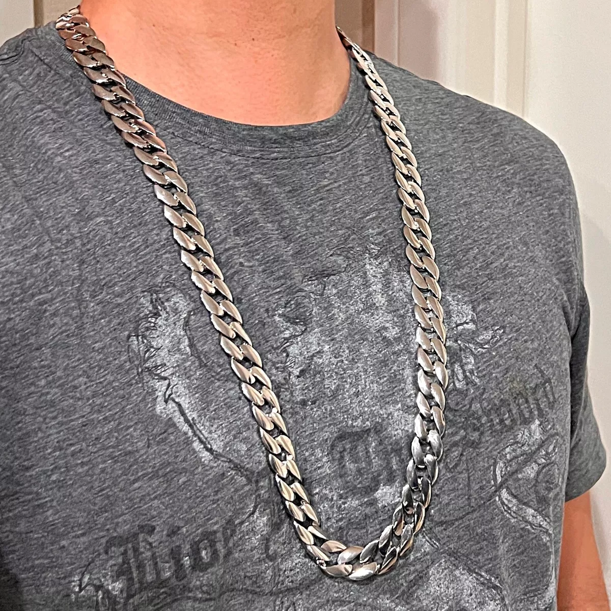 Mens Hip Hop Chain Silver Tone Miami Cuban Link Necklace 15MM Thick x 33