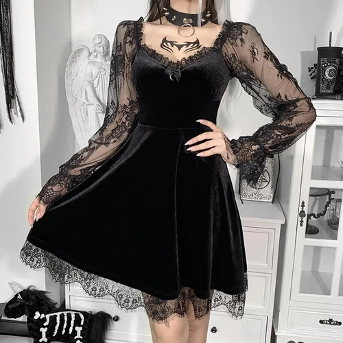 Nuovo mini abito donna pizzo velluto manica lunga volant gotico punk steampunk nero - Foto 11 di 26