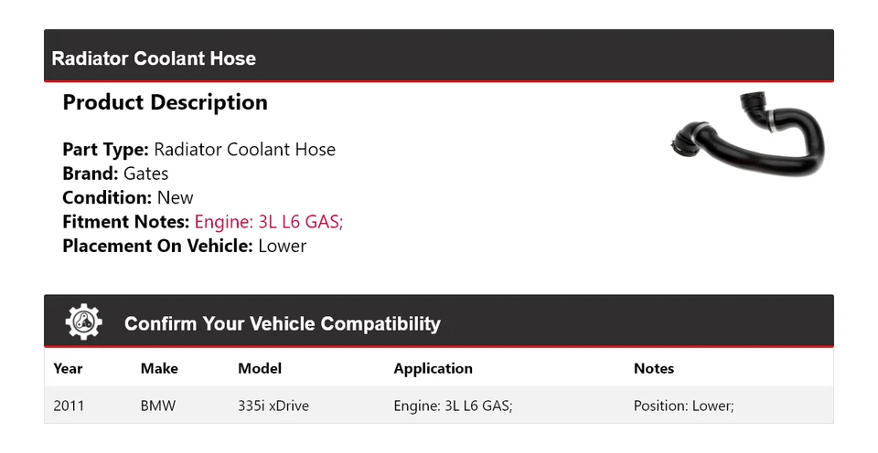Para BMW 335i xDrive 2011 3L L6 radiador refrigerante manguera puertas inferiores Foto 2 de 3