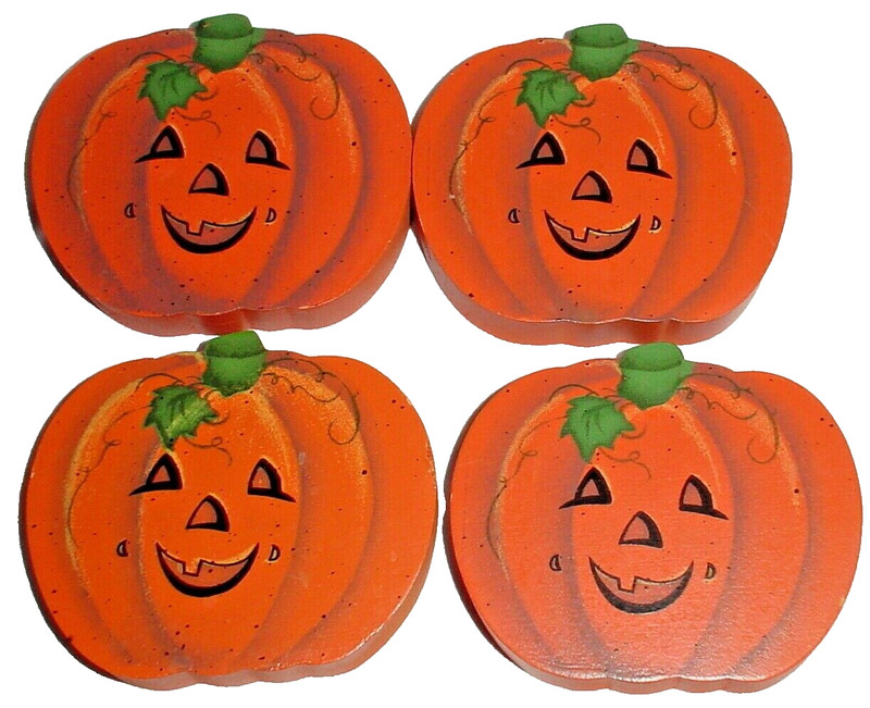 4 WOOD PUMPKIN FALL HALOWEEN DECOR from TENDER HEART TREASURES  3"x4"x0.75"