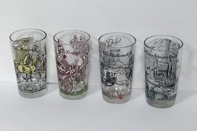 Vtg Transportation Over The Years Drinking Glasses Set of 4 MidCentury Collector