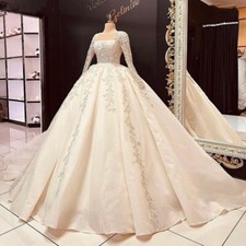 Luxury O-Neck Wedding Dress Long Sleeved Trailing Lace Sequin Beaded Bridal Gown