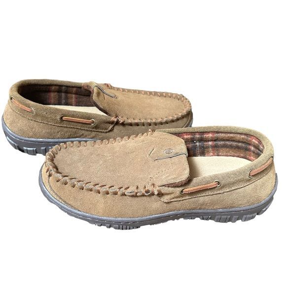 Clarks Dawson Slippers Tan Leather Suede Indoor/Outdoor Moccasin Mens