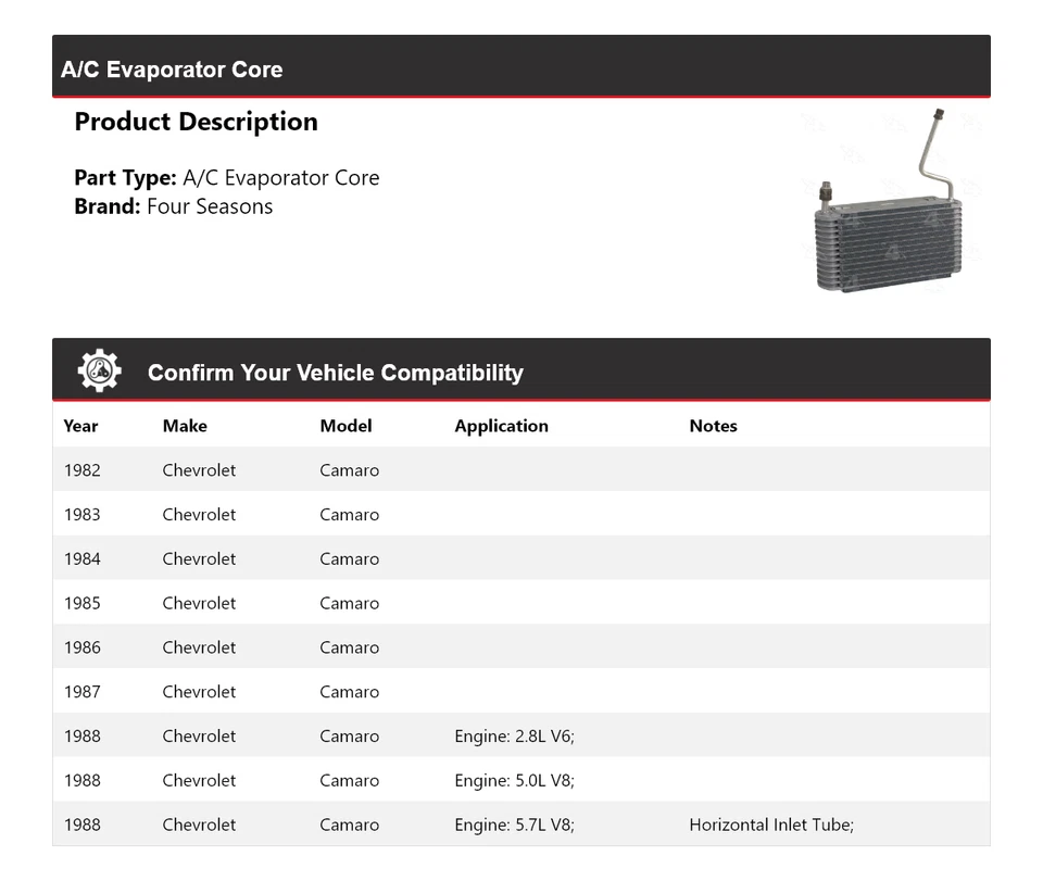 Para Chevrolet Camaro 1982-1988 A/C Evaporador Núcleo 4 Temporadas 1983 1984 1985 1986 Foto 2 de 4