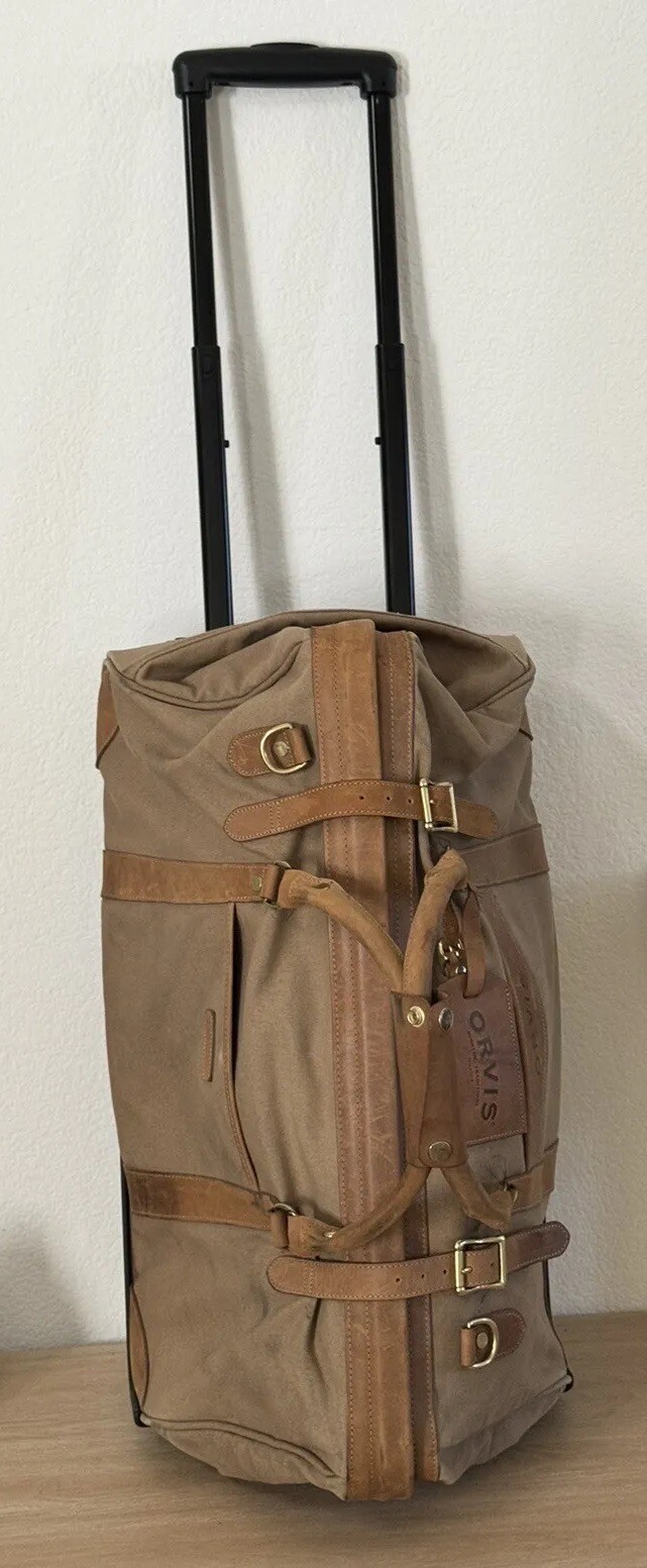 Vtg Orvis Duffle Bag Rolling Wheeled CanvasLeather Weekender Bag 24
