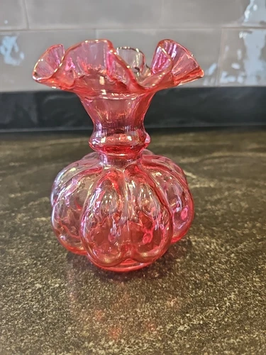 Fenton Cranberry Melon Vase Glass with Ruffled Edge 5"  Vtg