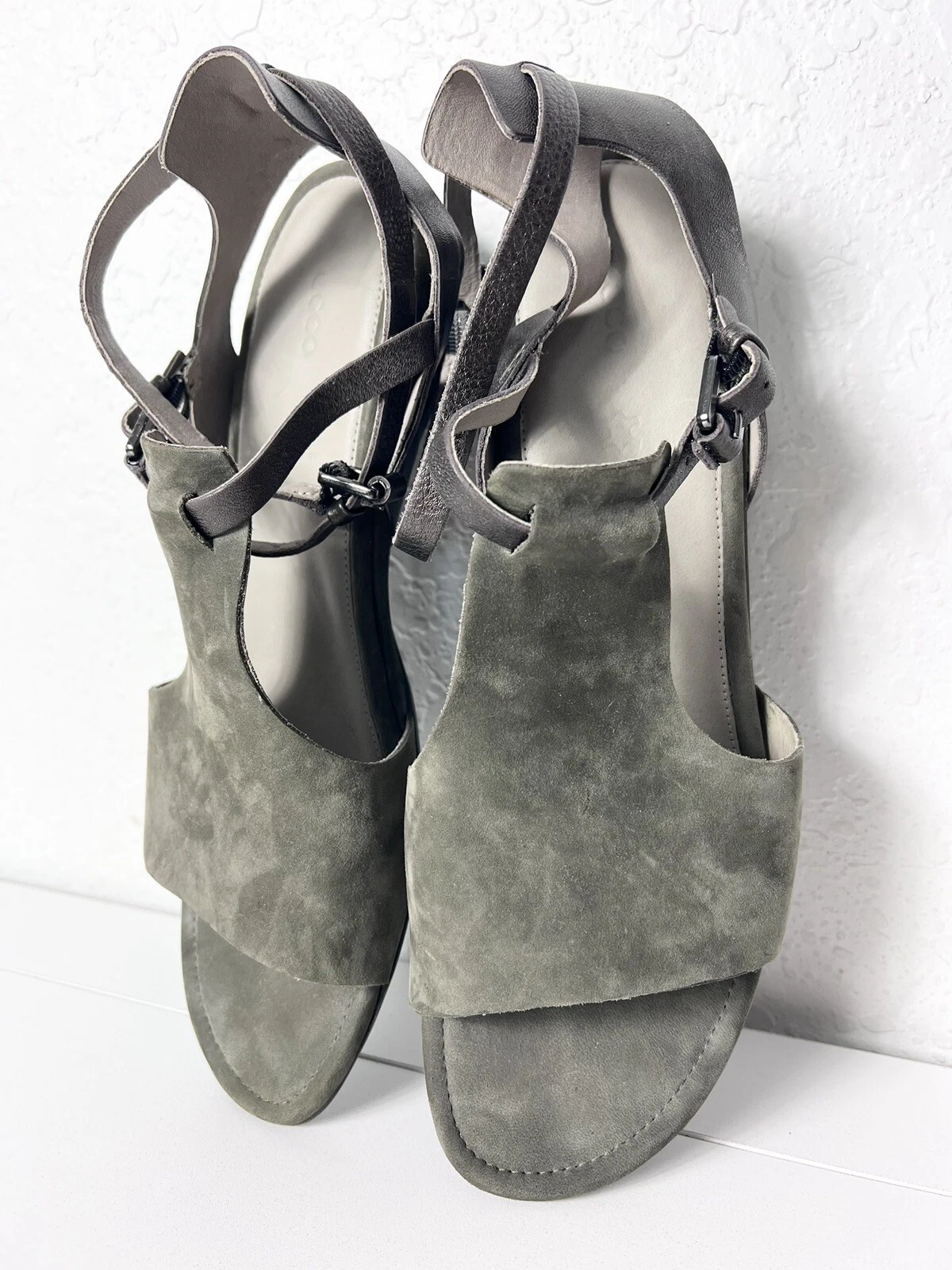 Sandali ECCO donna 42 touch 25 grigio pelle cinturino zeppa scarpe punta aperta usati in ottime condizioni!
