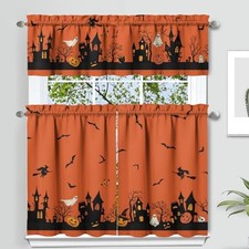 Halloween Curtains and Valances Set of 3, Orange Pumpkin Ghost Bat Decor,