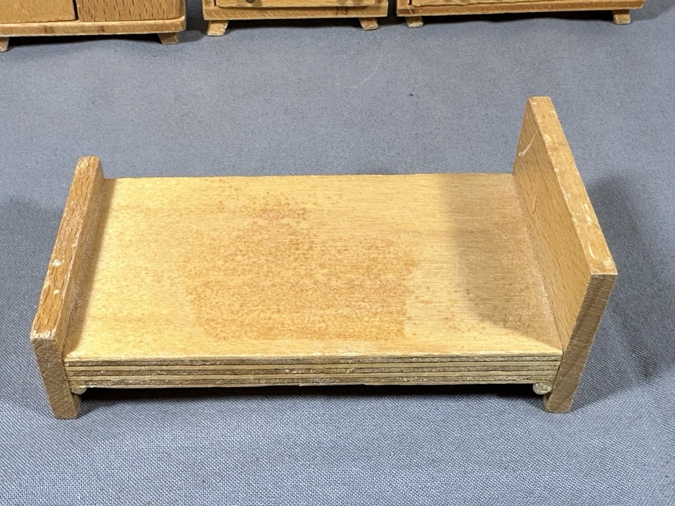 Vintage Mid-Century Wood Dollhouse Furniture Lot 8 pc German Bedroom Dining Set - Image 3 of 4