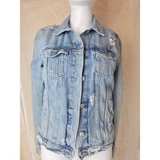 Denim Jacket Light Wash Distressed Pockets Button Front Size S
