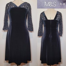 Marks & Spencer Black Velvet Dress Lace Sleeves Size 12 Long Evening Party