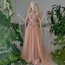 Champagne Pink Victorian Prom Dresses Fairy Sleeves Handmade Floral Beaded