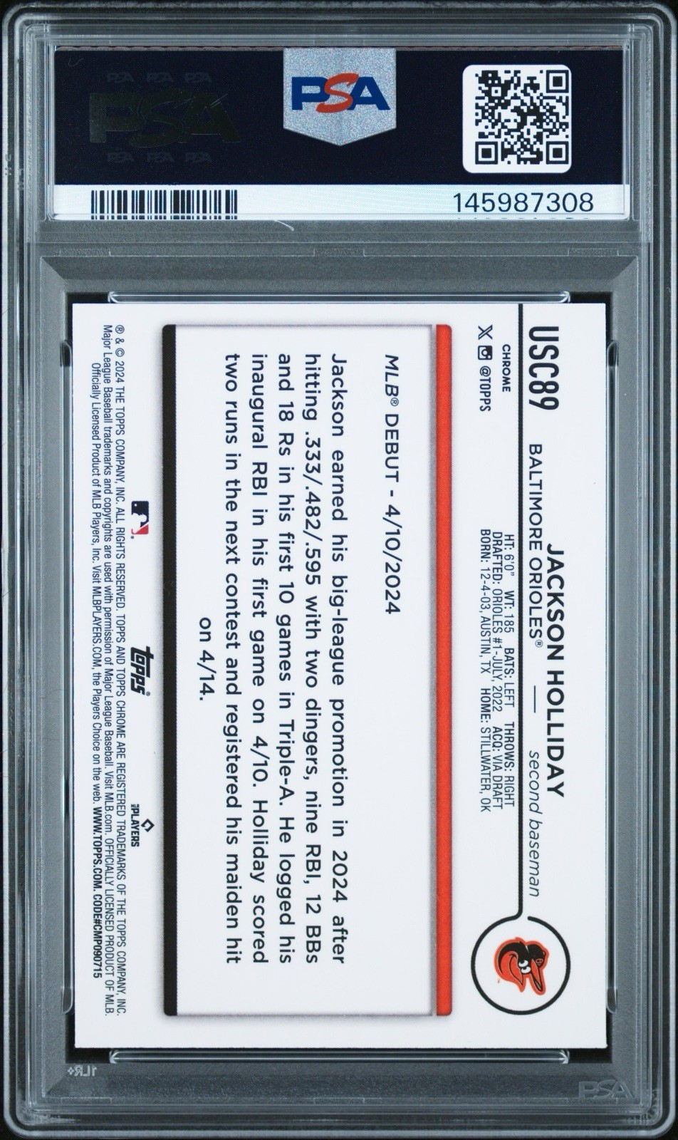 2024 Topps Chrome Update-Jackson Holliday Purple /250 PSA 9 view 2