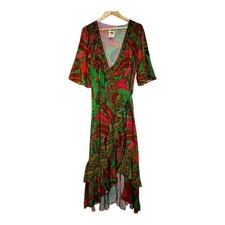 Farm Rio Flutter Sleeve Wrap dress floral tropical Maxi full length ruffle MED