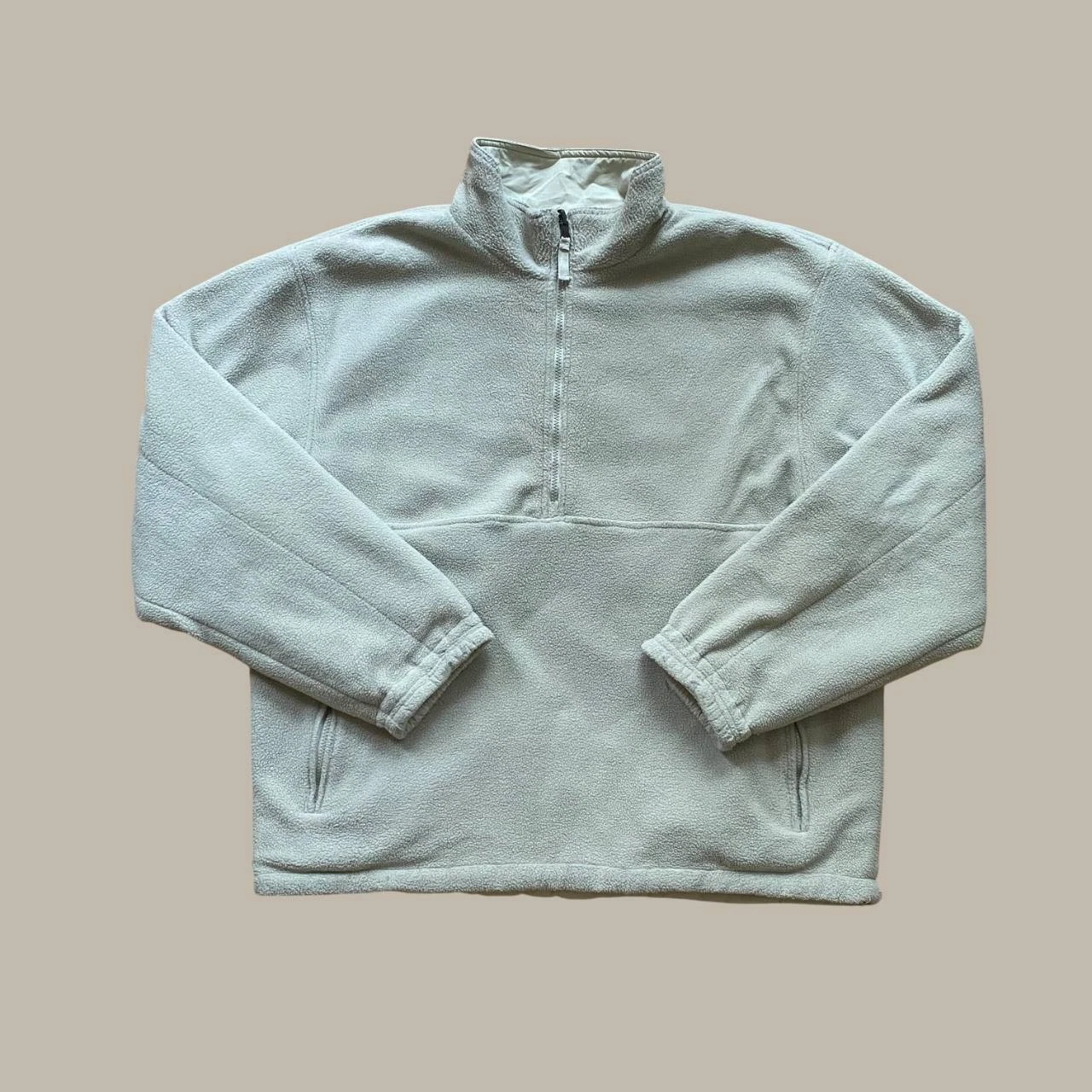 Vintage Beige Anorak Pullover Jacket – Fleece Lined, Quarter Button & Zip Pocket