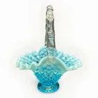 Vintage Fenton Light Blue Opalescent Hobnail Basket Bamboo Handle 6.5" Tall