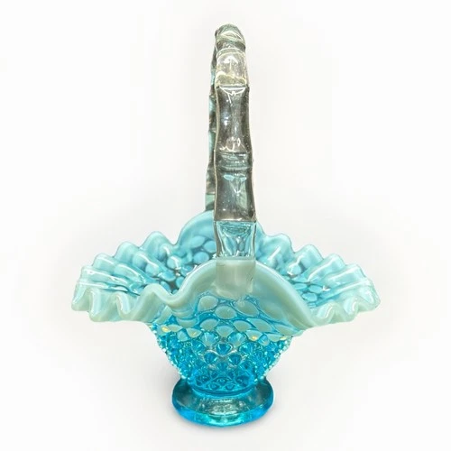 Vintage Fenton Light Blue Opalescent Hobnail Basket Bamboo Handle 6.5" Tall