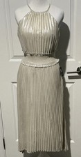 NEW Express Halter Metallic Silver Pleated Midi Dress Cocktail Party Size Small