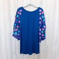 Boho Embroidered Tunic Top Small Blue Floral Bell Sleeve Boho Cottage Festival