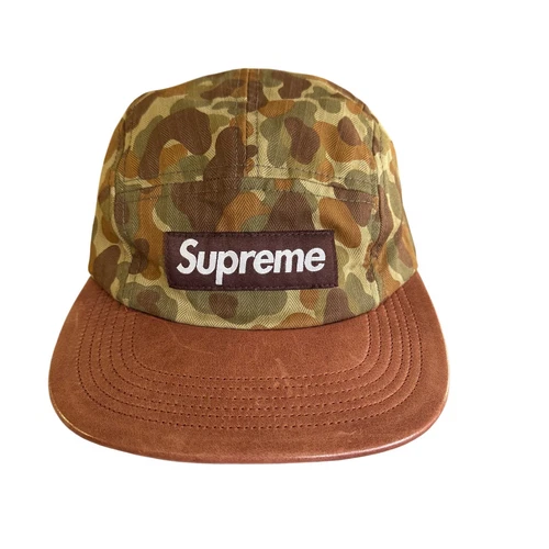 SUPREME Duck CAMO CUIR CAMP CAP 5 panneaux chapeau 2012 vintage streetwear fabriqué aux États Unis