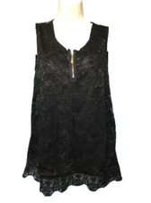 Julia Black Tank Top Size S/M Semi-Sheer Lace Zip Front Sleeveless Women's