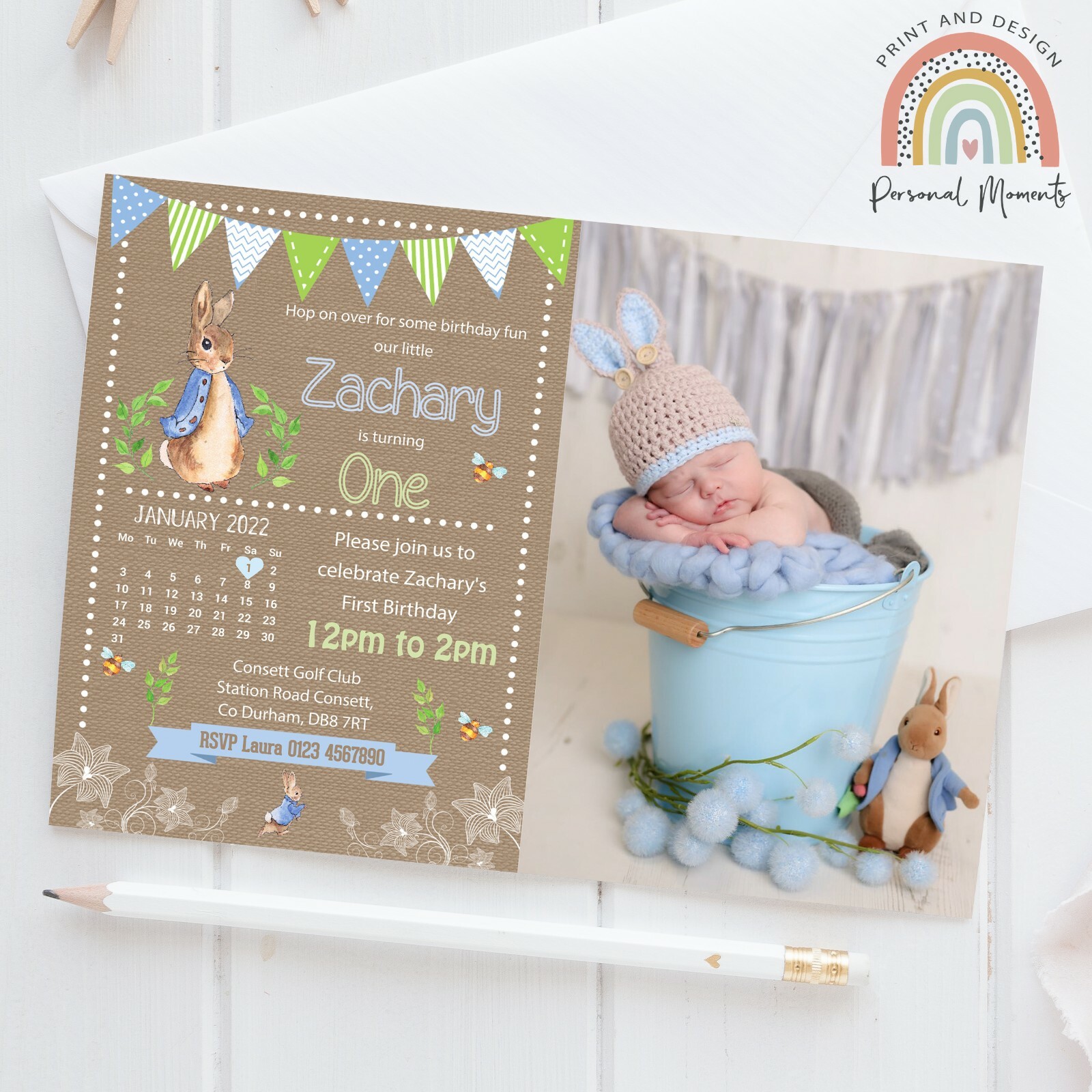 Personalised Peter Rabbit Photo 1st Birthday Party Invitations Vintage x10