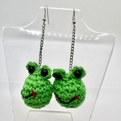 Crochet Frog Earrings - Farm Earrings - Frog Accessories - Animal Earrings