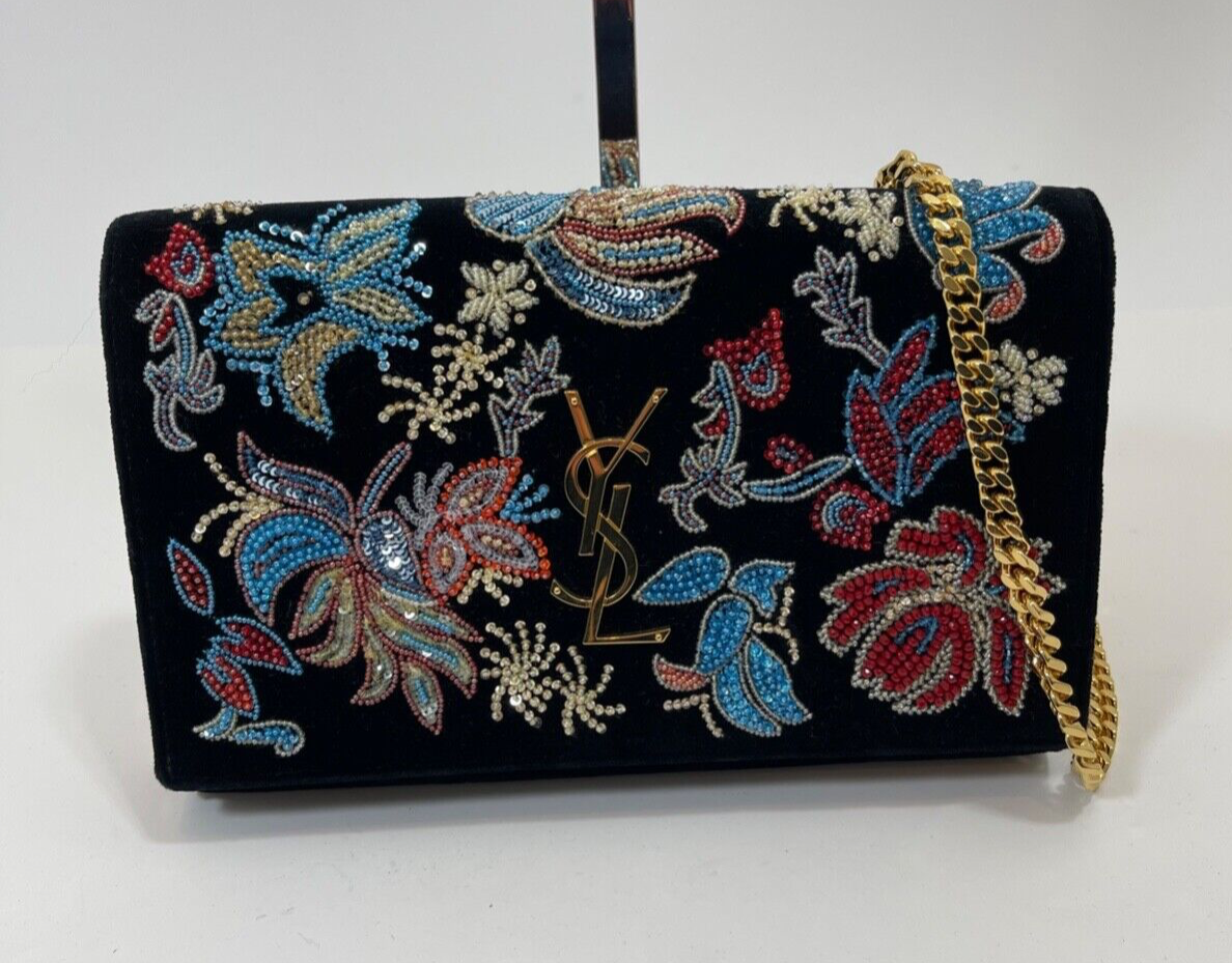 Borsa monogramma Kate Saint Laurent velluto con perline in nero