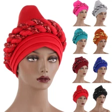 African Women Auto Geles Aso Oke Headtie Sequin Hijab Bonnet Wedding Party Arab