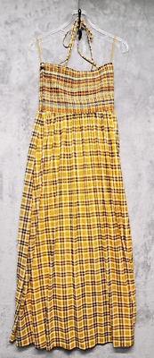 Zara Dress Womens Medium Yellow Plaid Maxi Smocked Dress Lined