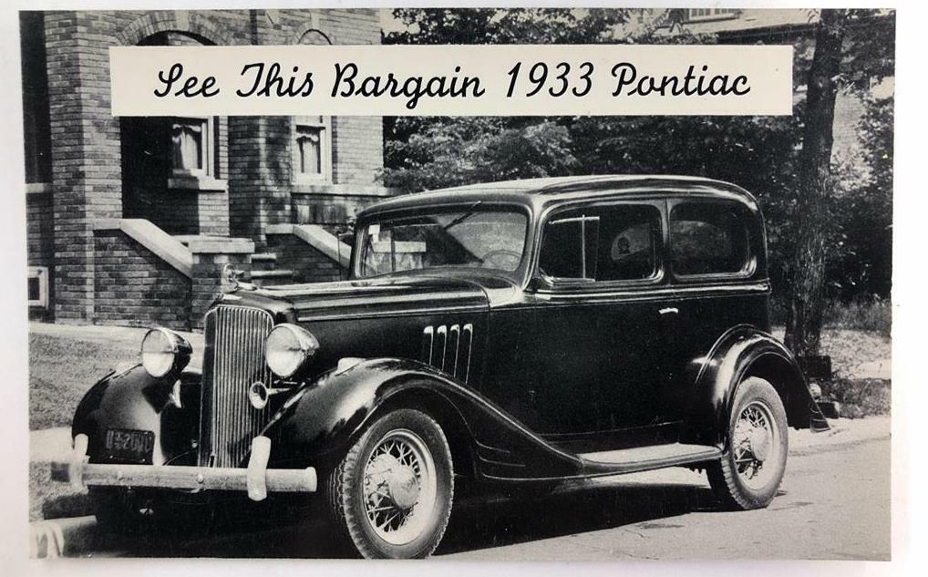 1933 Pontiac Used Car Advertising Card Johnson Motor Sales Iron
