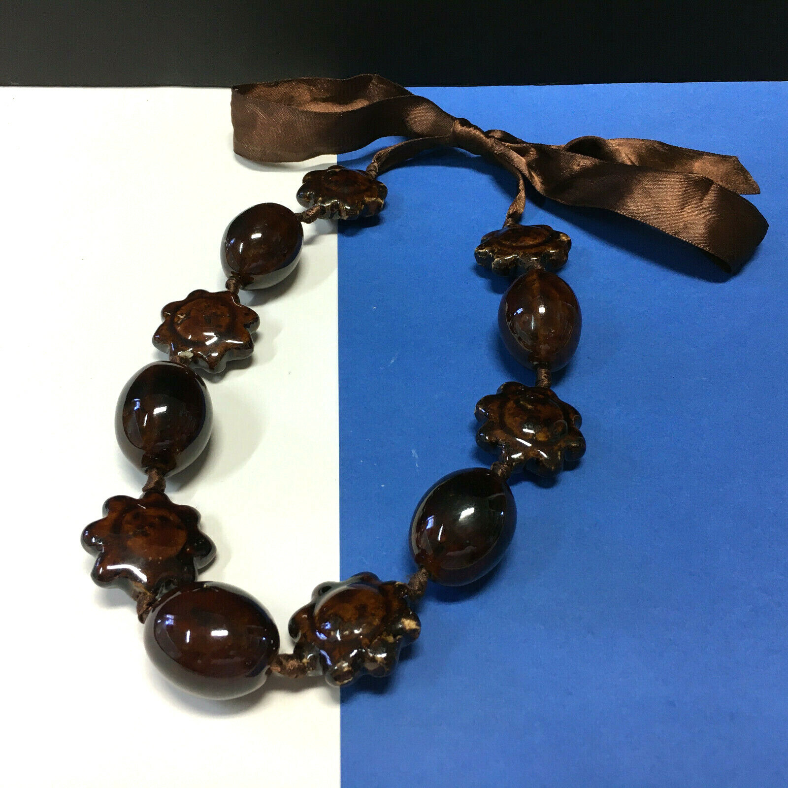 HUGE Chunky Heavy Brown Ceramic Statement NECKLAC… - image 10