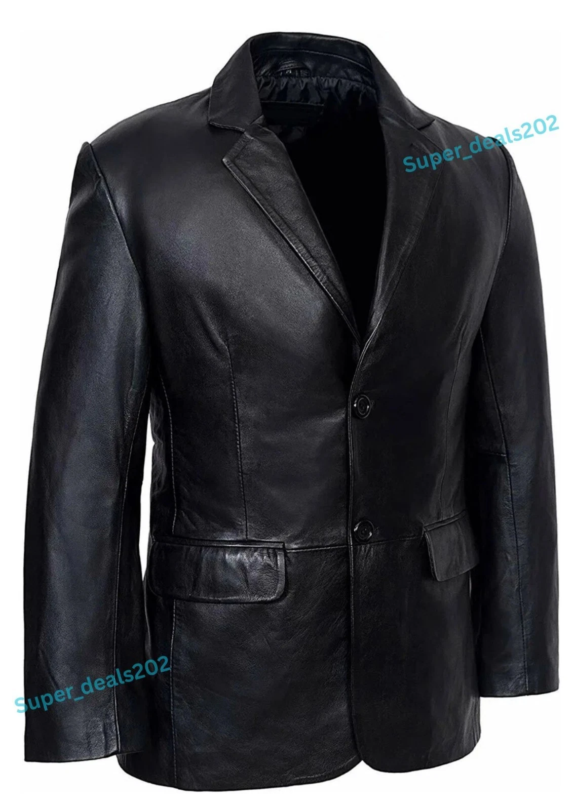 Mens Black Leather Blazer Jacket Two Button Classic Formal Office Coat Smart Fit