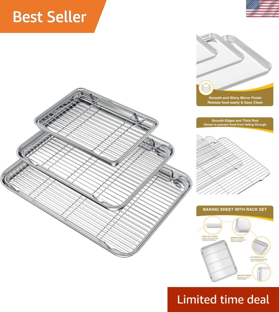 Baking Sheet with Rack Set 3 Pans + 3 Racks, Stainless Steel Baking Pan Cooki...