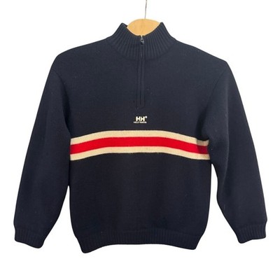 Helly Hansen Mens Quarter Zip Knit Sweater Navy Blue Red Stripe FK 62609 Size M