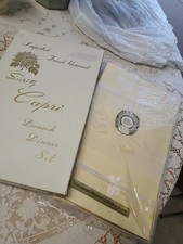 Vintage Surety Capri Gold Damask Tablecloth & 12 Napkins NIB French Hemmed Japan