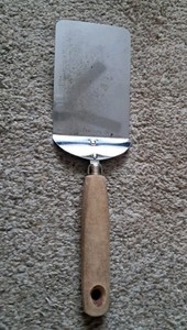 Vintage EKCO A&J Chrome Plated Short Solid Spatula Turner 10” Wood Handle