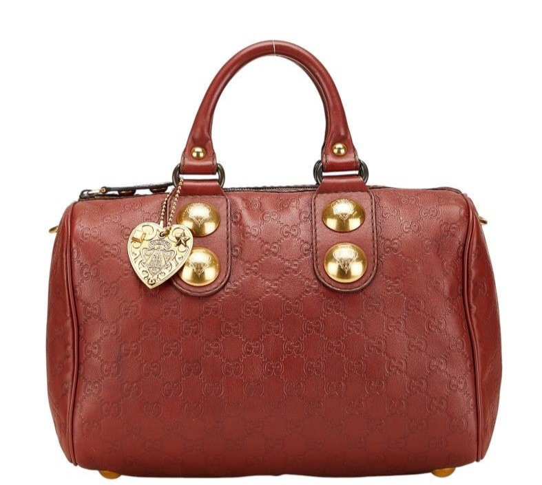 Gucci Guccissima Boston Bag Red Leather Gold Hardware Preowned F/S 207297