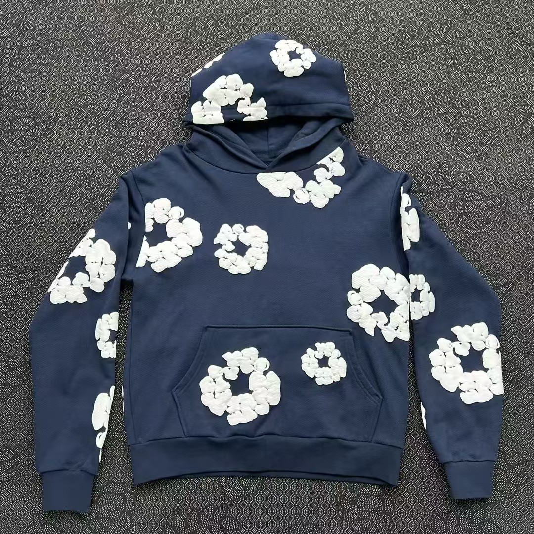 Navy Denim Tear Wreath Kapok Full Print Foam Sweatshirt Hoodie S-M-L