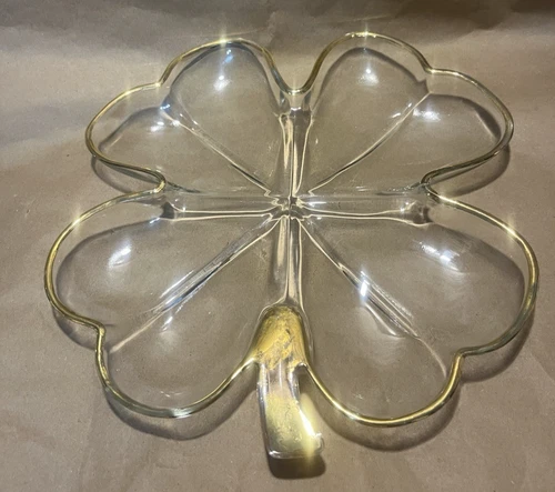 Vintage Jeannette Four Leaf Clover Clear Glass Serving Dish With Gold Trim Edge