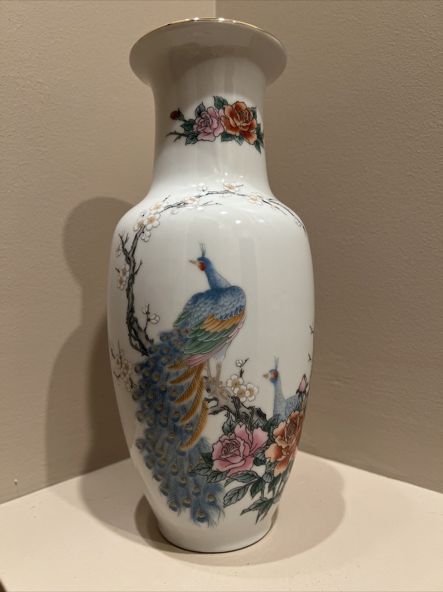 Vintage Japanese Porcelain Vase -Peacocks & Cherry Blossom White W