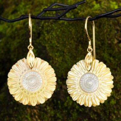 Blume Ohrringe Perlmutt & Vermeil Vergoldung an Sterling Silber 5.27 G